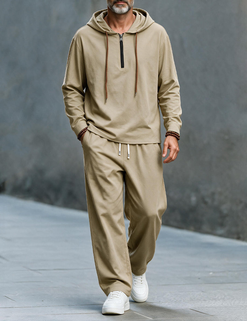 Men Linen Hooded Top & Wide Leg Pants Set - Khaki