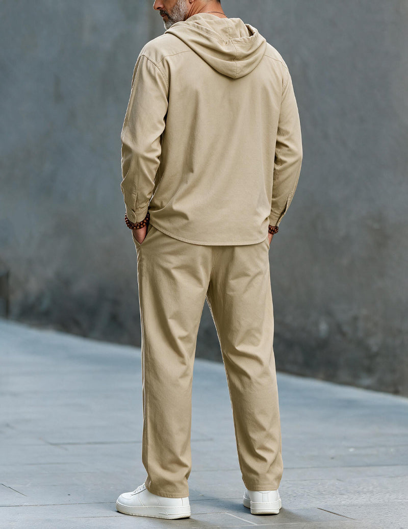 Men Linen Hooded Top & Wide Leg Pants Set - Khaki