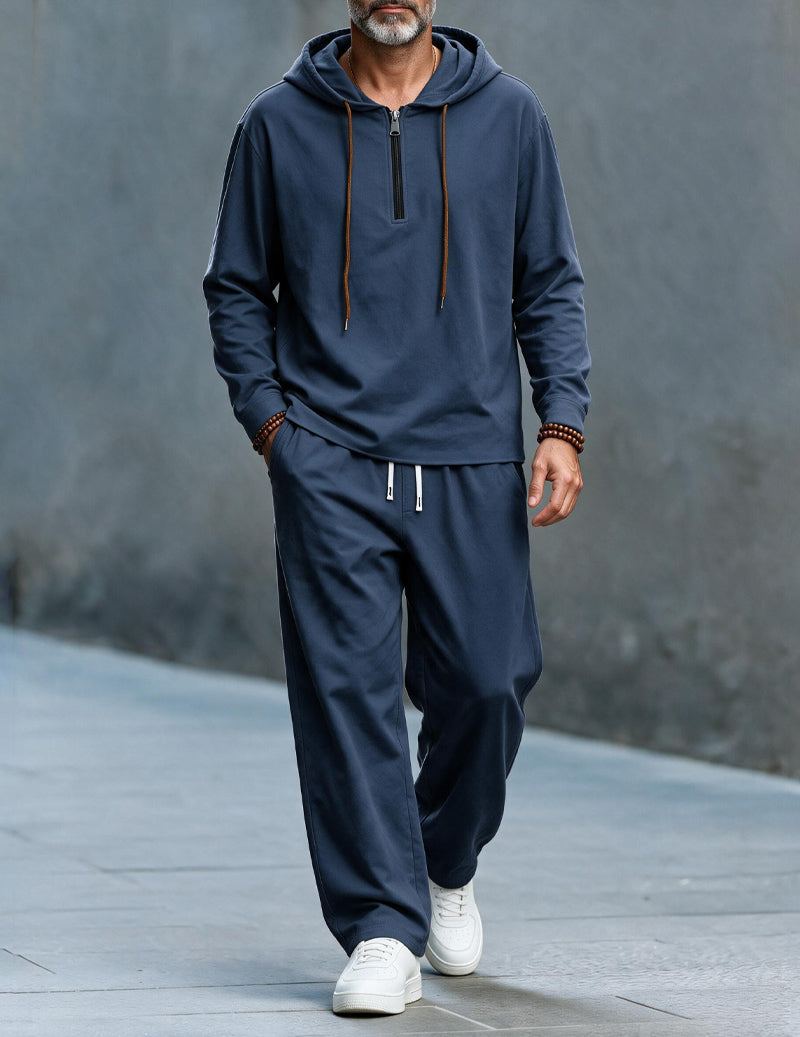 Men Linen Hooded Top & Wide Leg Pants Set - Navy