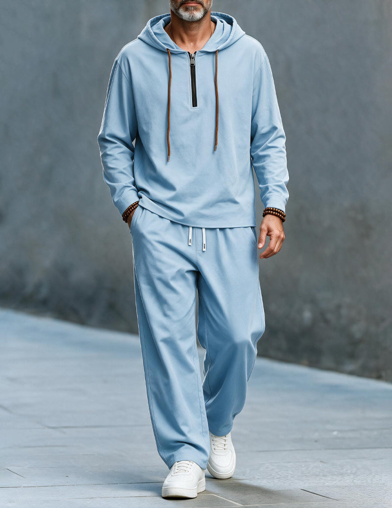 Men Linen Hooded Top & Wide Leg Pants Set - Sky Blue