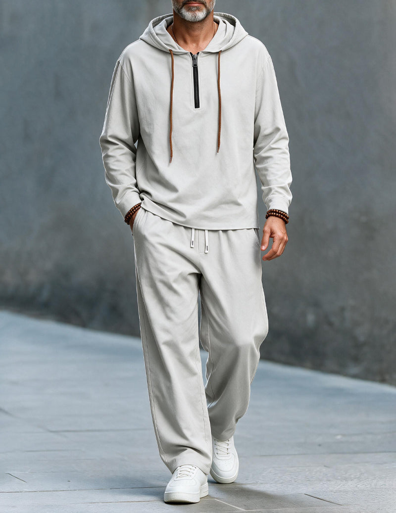 Men Linen Hooded Top & Wide Leg Pants Set - White