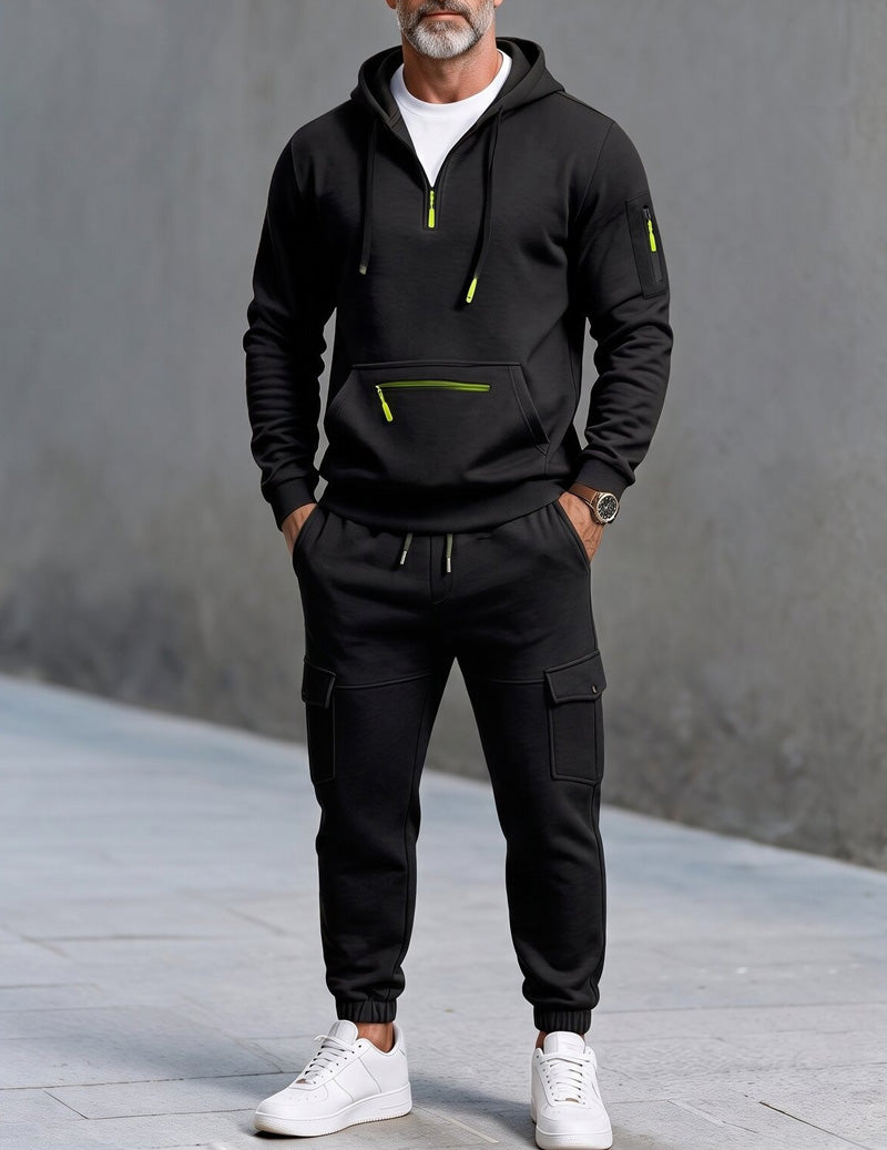Ekouaer Men Hooded Half Zip Tracksuit Set With Cargo Jogger Pants