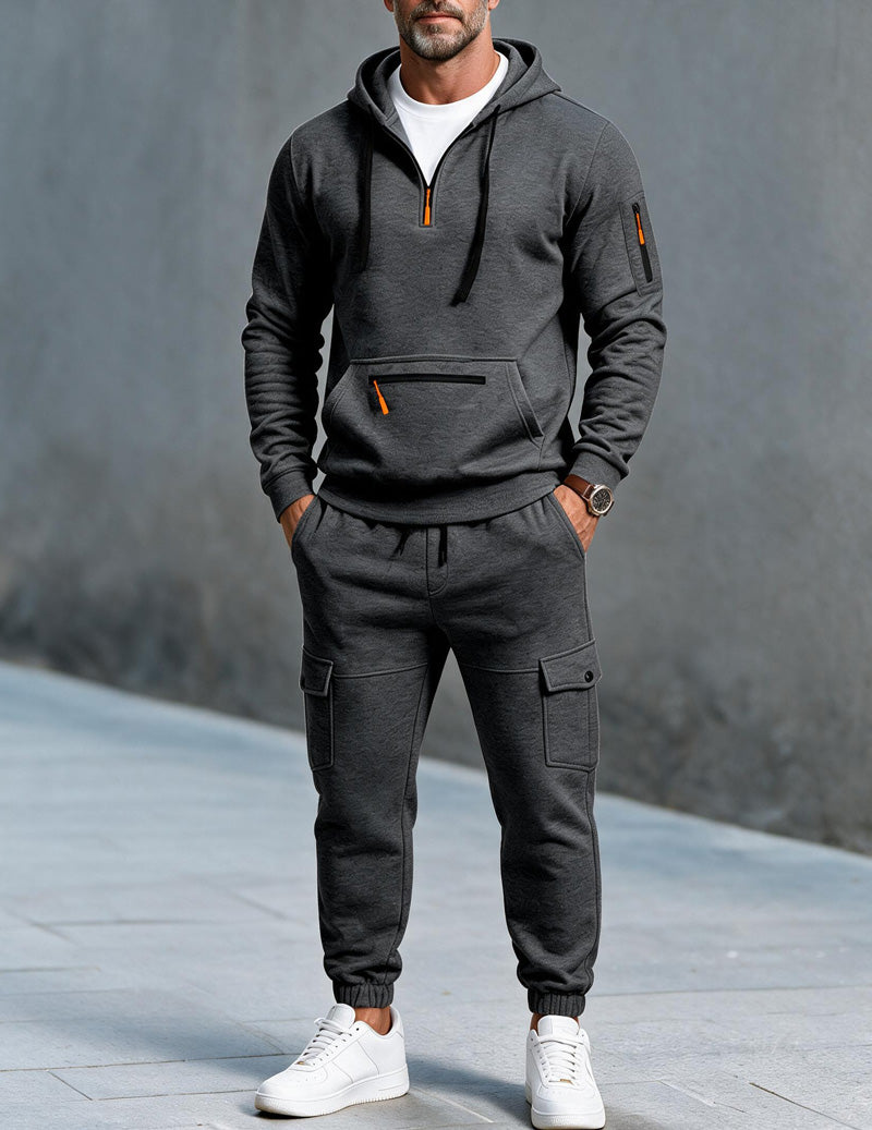 Ekouaer Men Hooded Half Zip Tracksuit Set With Cargo Jogger Pants