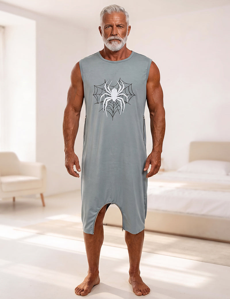 Men's Spider Web Print Sleeveless Romper Loungewear with Side Zippers