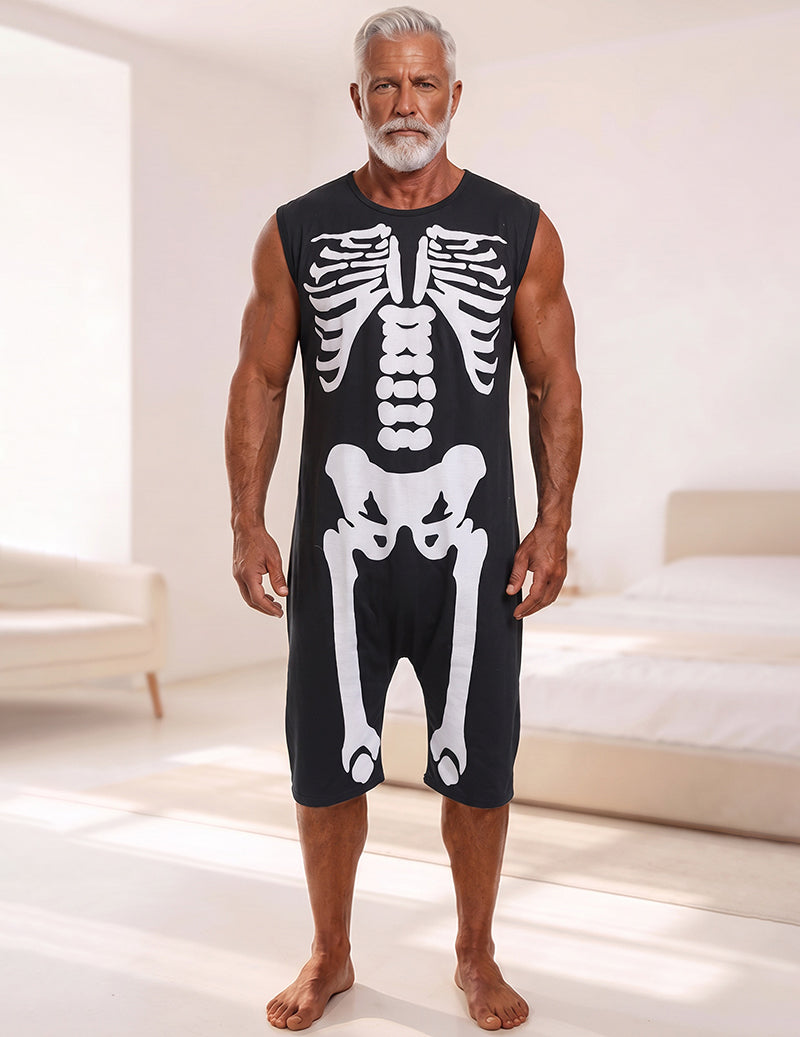 Men's Spider Web Print Sleeveless Romper Loungewear with Side Zippers