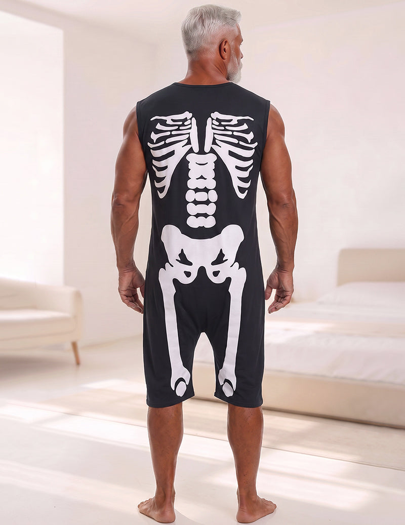 Men's Spider Web Print Sleeveless Romper Loungewear with Side Zippers