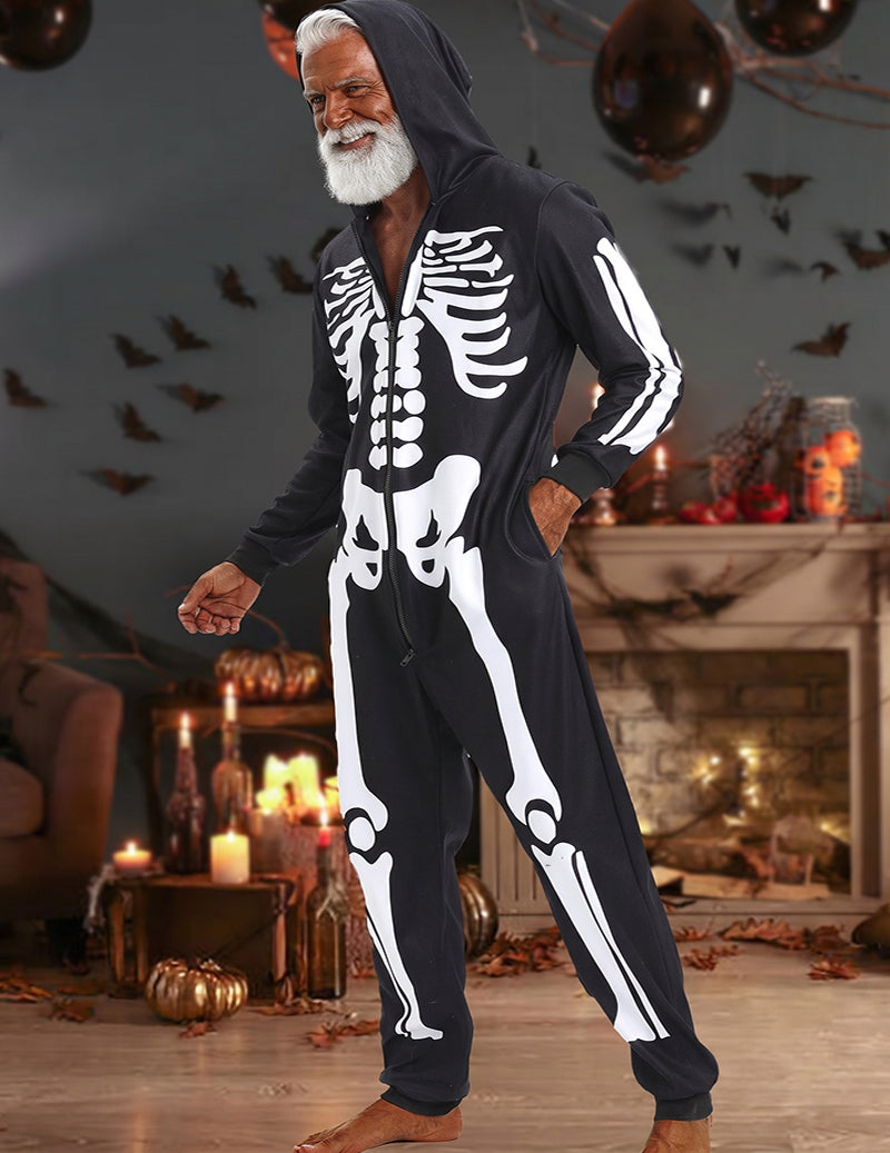 Men Halloween Skeleton Print Hooded Zip Front Jumpsuit Onesie