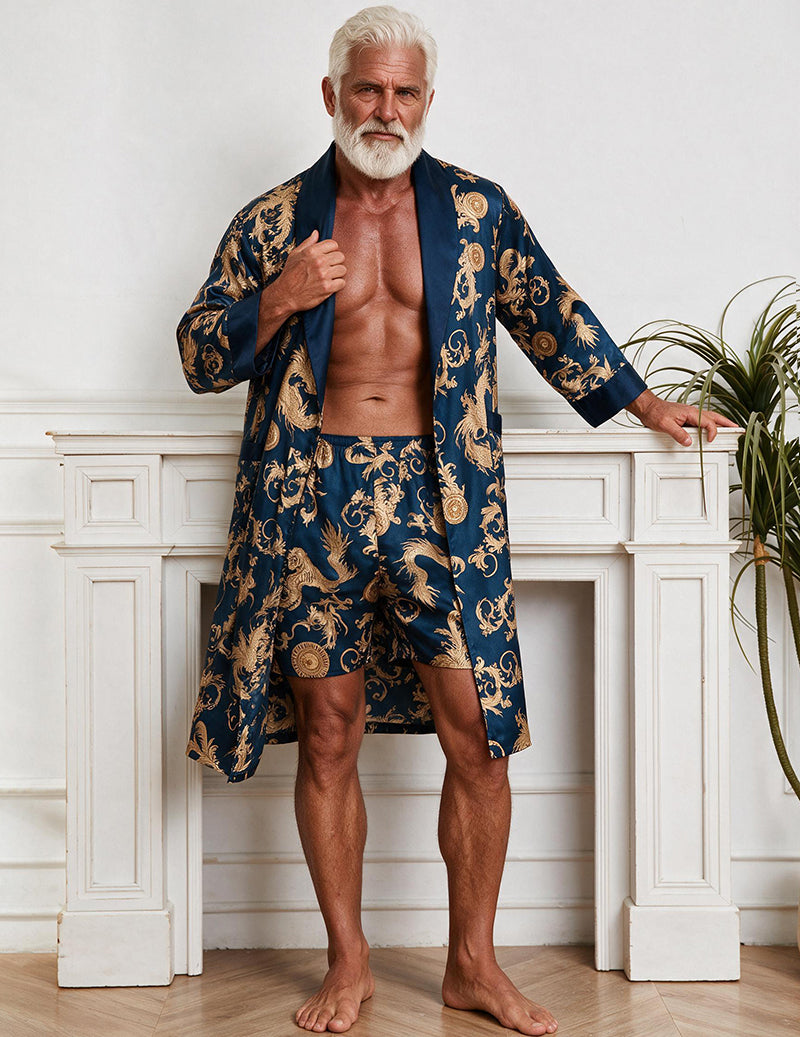 Men's Dragon Print Satin Kimono Robe and Shorts Two-Piece Set