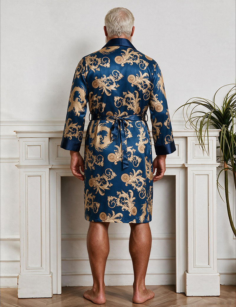 Men's Dragon Print Satin Kimono Robe and Shorts Two-Piece Set