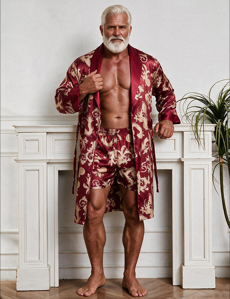 Men's Dragon Print Satin Kimono Robe and Shorts Two-Piece Set