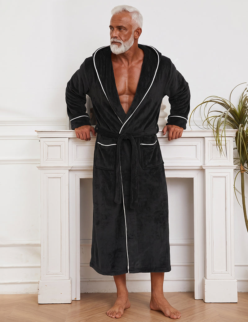 Men's Contrast Piping Velour Hooded Robe with Belt