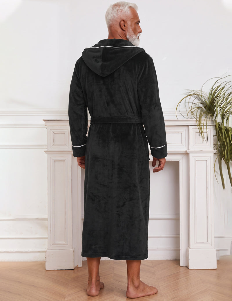 Men's Contrast Piping Velour Hooded Robe with Belt