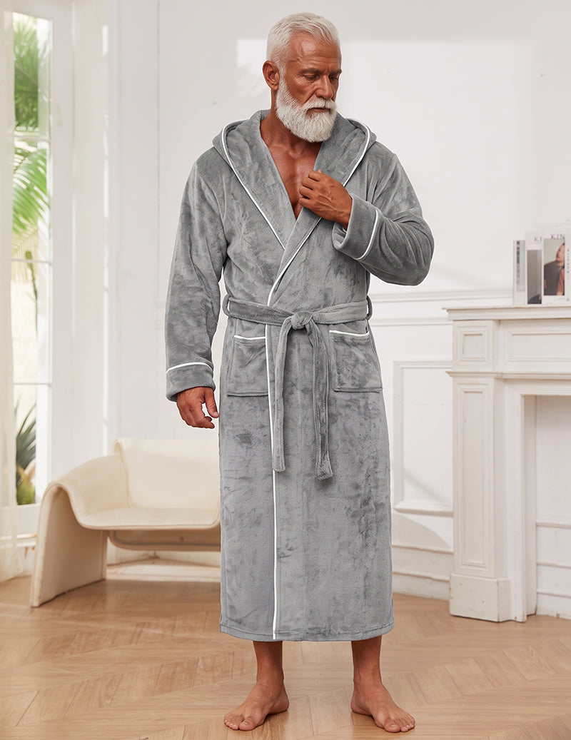 Men's Contrast Piping Velour Hooded Robe with Belt