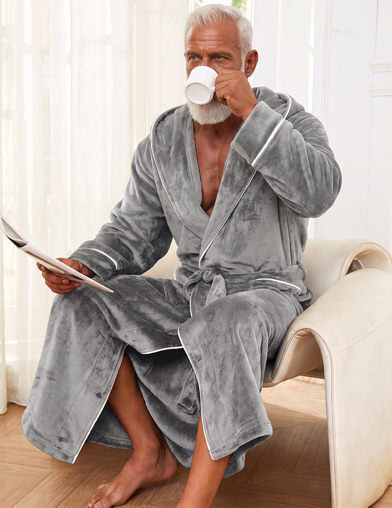 Men's Contrast Piping Velour Hooded Robe with Belt