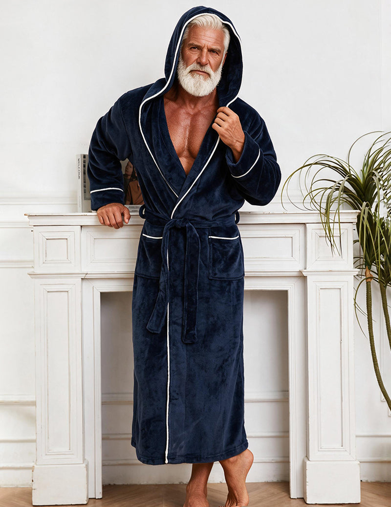 Men's Contrast Piping Velour Hooded Robe with Belt