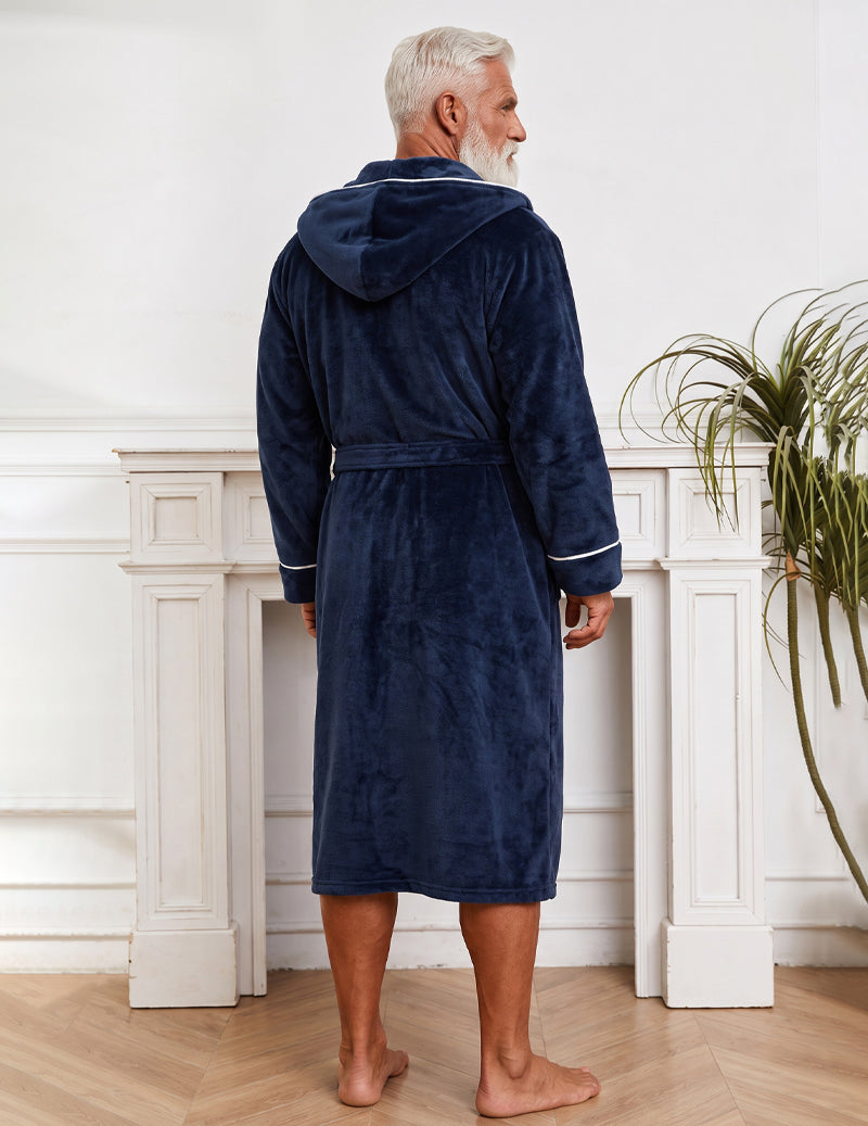 Men's Contrast Piping Velour Hooded Robe with Belt