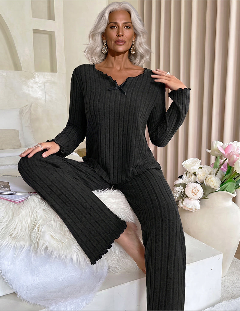 Ribbed Knit Scalloped Trim V-Neck Top and Pants Two-Piece Loungewear Set