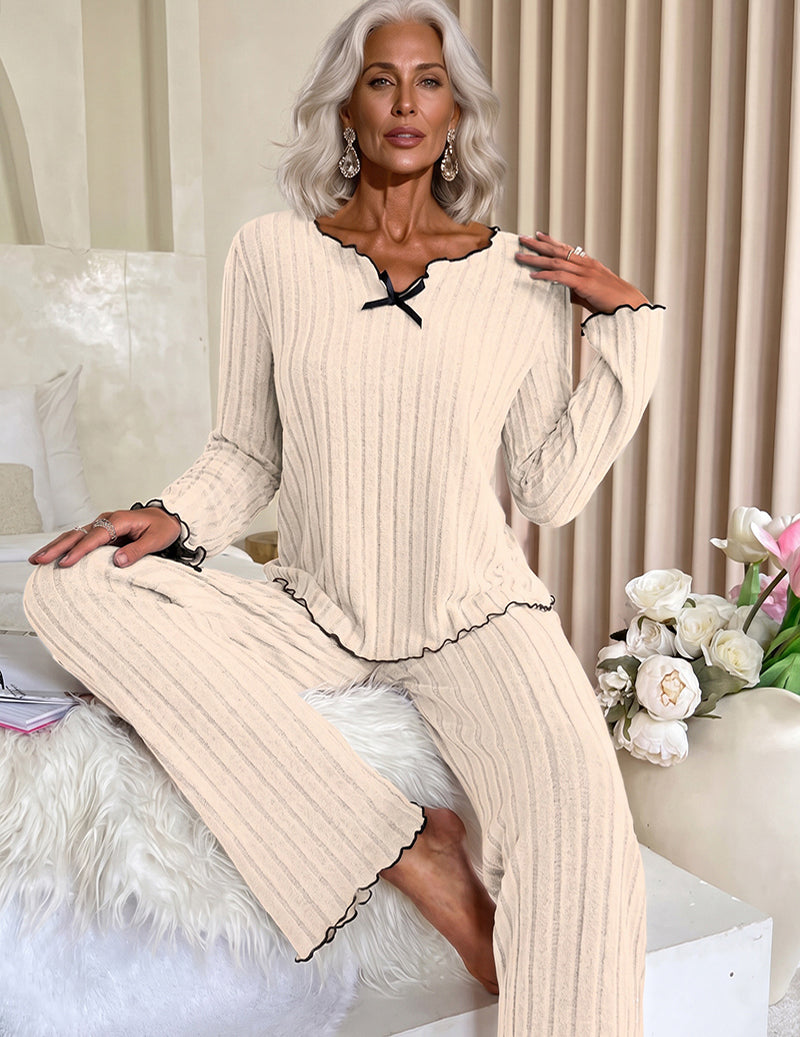 Ribbed Knit Scalloped Trim V-Neck Top and Pants Two-Piece Loungewear Set