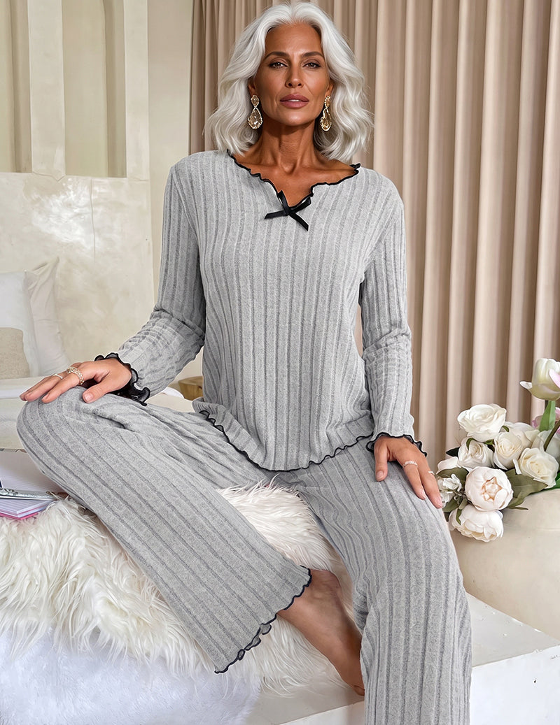 Ribbed Knit Scalloped Trim V-Neck Top and Pants Two-Piece Loungewear Set