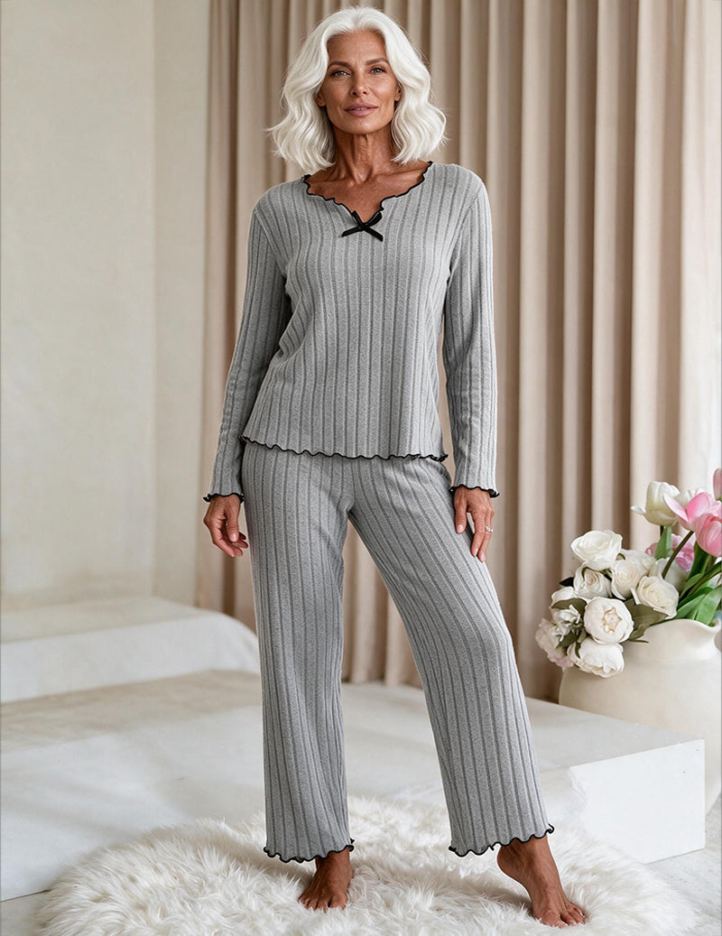 Ribbed Knit Scalloped Trim V-Neck Top and Pants Two-Piece Loungewear Set