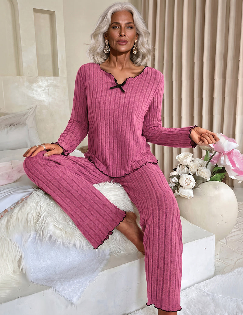 Ribbed Knit Scalloped Trim V-Neck Top and Pants Two-Piece Loungewear Set