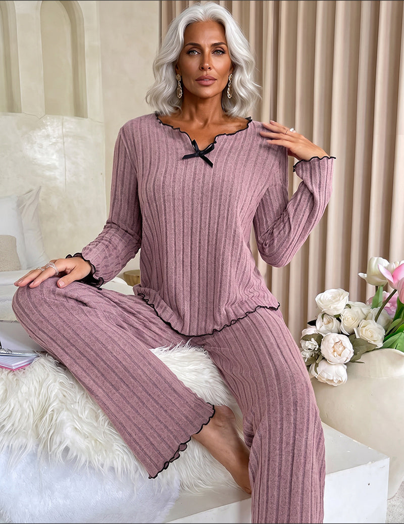 Ribbed Knit Scalloped Trim V-Neck Top and Pants Two-Piece Loungewear Set