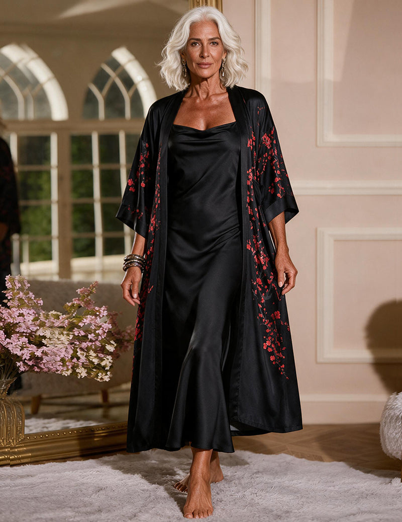 Satin Floral Embroidered Kimono Robe and Slip Dress Two-Piece Set
