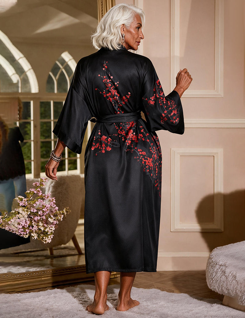 Satin Floral Embroidered Kimono Robe and Slip Dress Two-Piece Set