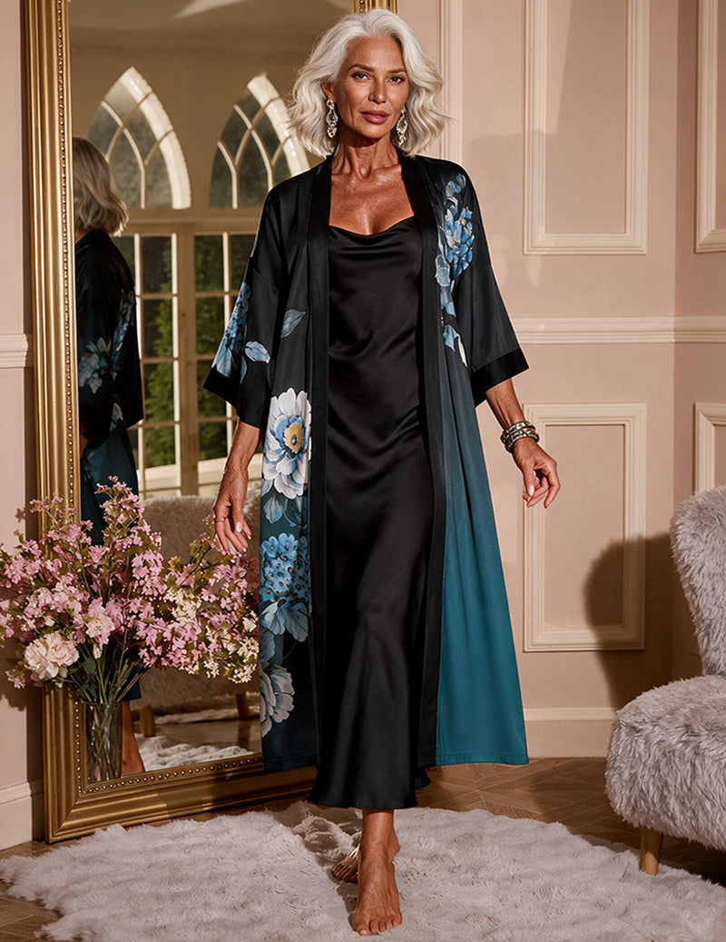 Satin Floral Embroidered Kimono Robe and Slip Dress Two-Piece Set