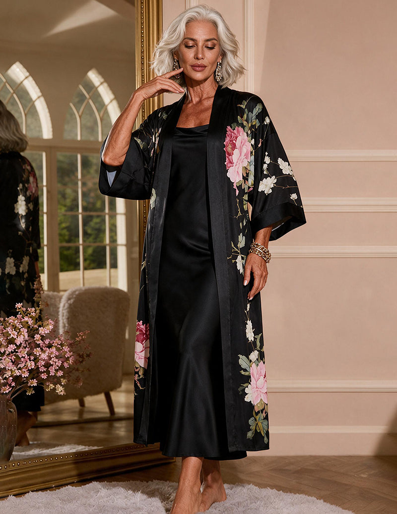 Satin Floral Embroidered Kimono Robe and Slip Dress Two-Piece Set