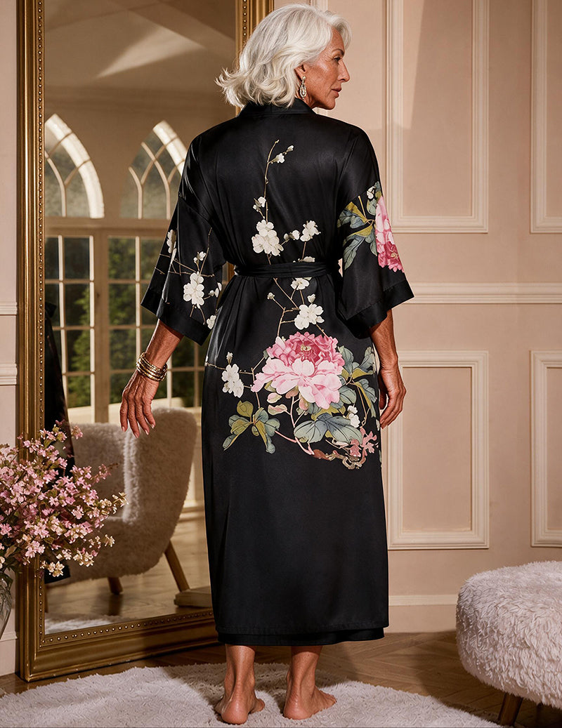 Satin Floral Embroidered Kimono Robe and Slip Dress Two-Piece Set