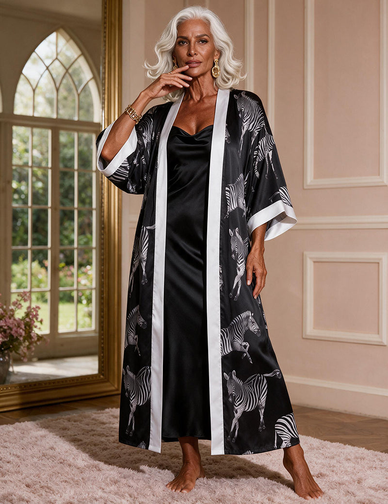 Satin Animal Print Kimono Robe and Slip Dress Two-Piece Set