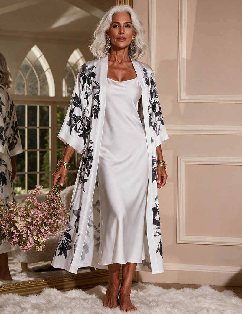 Satin Animal Print Kimono Robe and Slip Dress Two-Piece Set