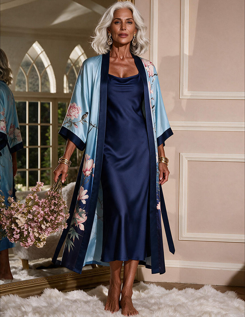 Satin Animal Print Kimono Robe and Slip Dress Two-Piece Set