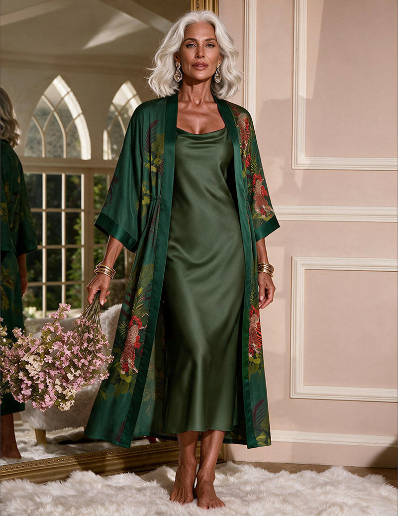 Satin Floral Kimono Robe and Cowl Neck Slip Dress Two-Piece Set
