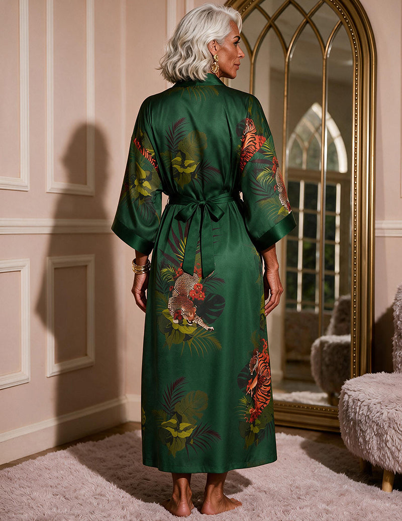 Satin Floral Kimono Robe and Cowl Neck Slip Dress Two-Piece Set
