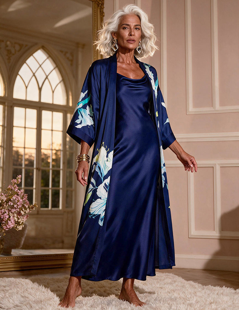 Satin Floral Kimono Robe and Cowl Neck Slip Dress Two-Piece Set