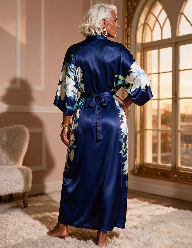 Satin Floral Kimono Robe and Cowl Neck Slip Dress Two-Piece Set
