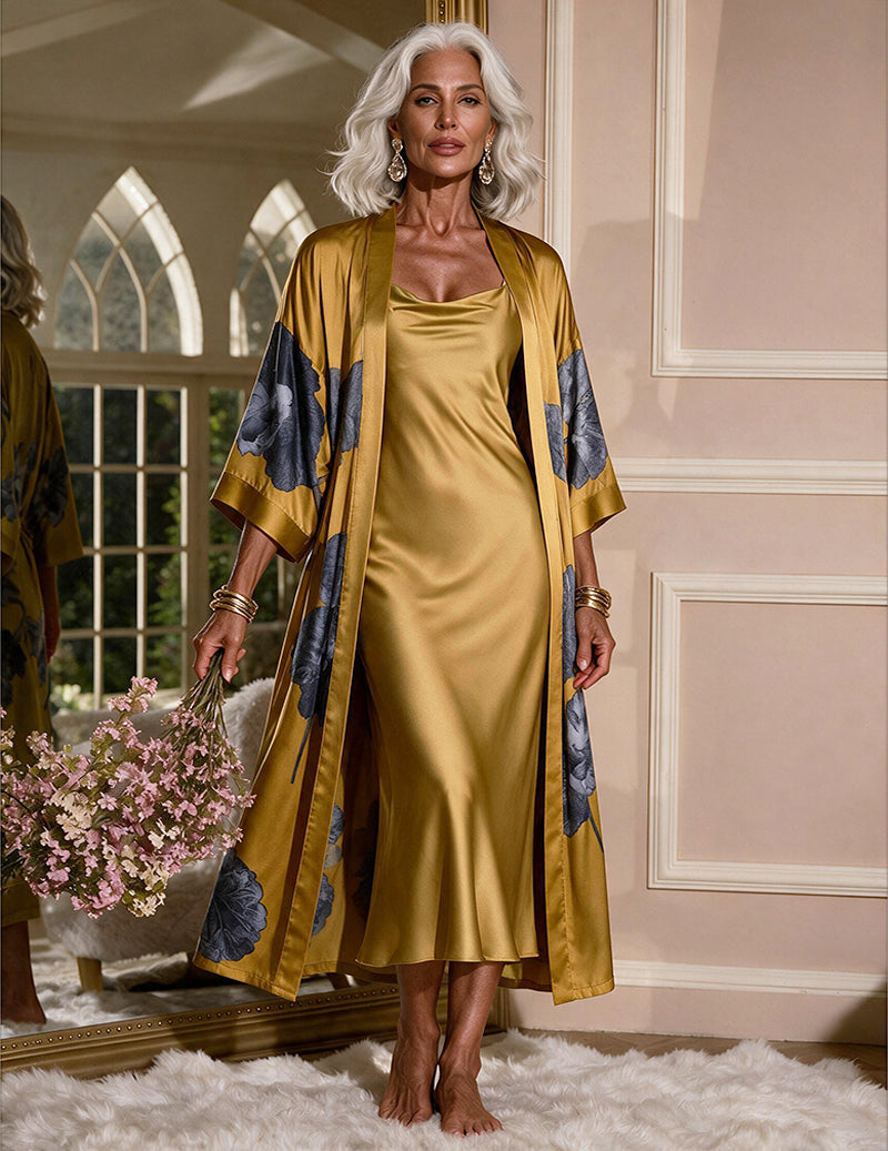 Satin Floral Kimono Robe and Cowl Neck Slip Dress Two-Piece Set