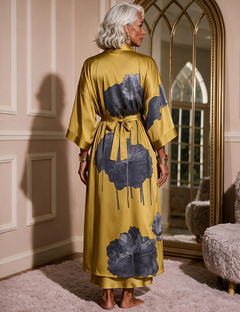 Satin Floral Kimono Robe and Cowl Neck Slip Dress Two-Piece Set