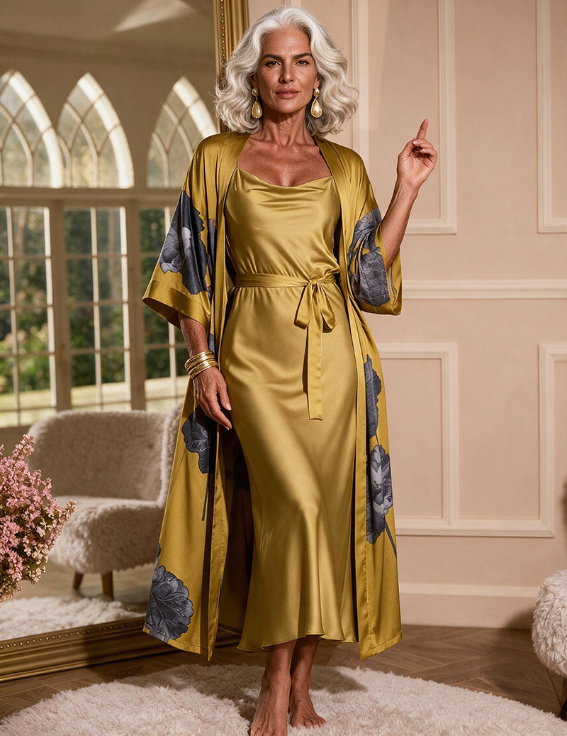 Satin Floral Kimono Robe and Cowl Neck Slip Dress Two-Piece Set
