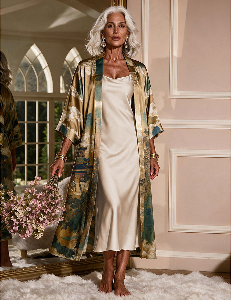 Satin Printed Kimono Robe and Cowl Neck Slip Dress Two-Piece Set