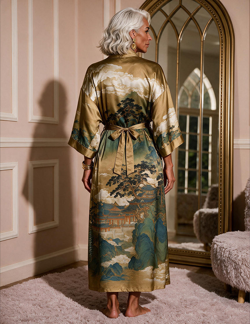 Satin Printed Kimono Robe and Cowl Neck Slip Dress Two-Piece Set