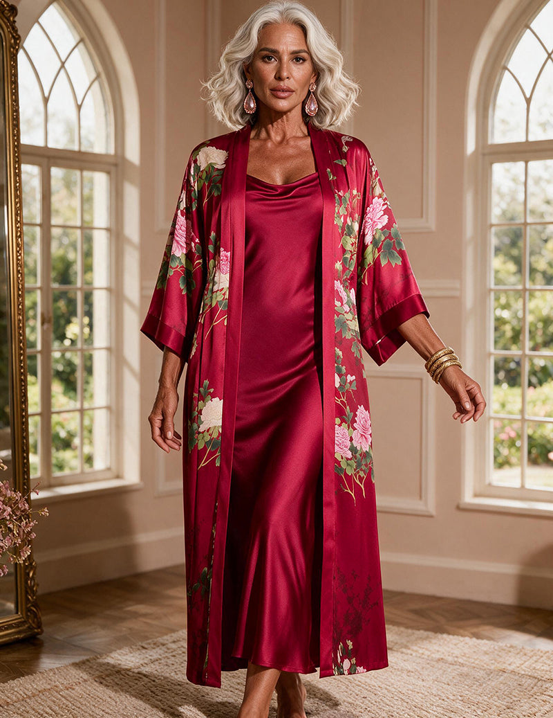 Satin Printed Kimono Robe and Cowl Neck Slip Dress Two-Piece Set