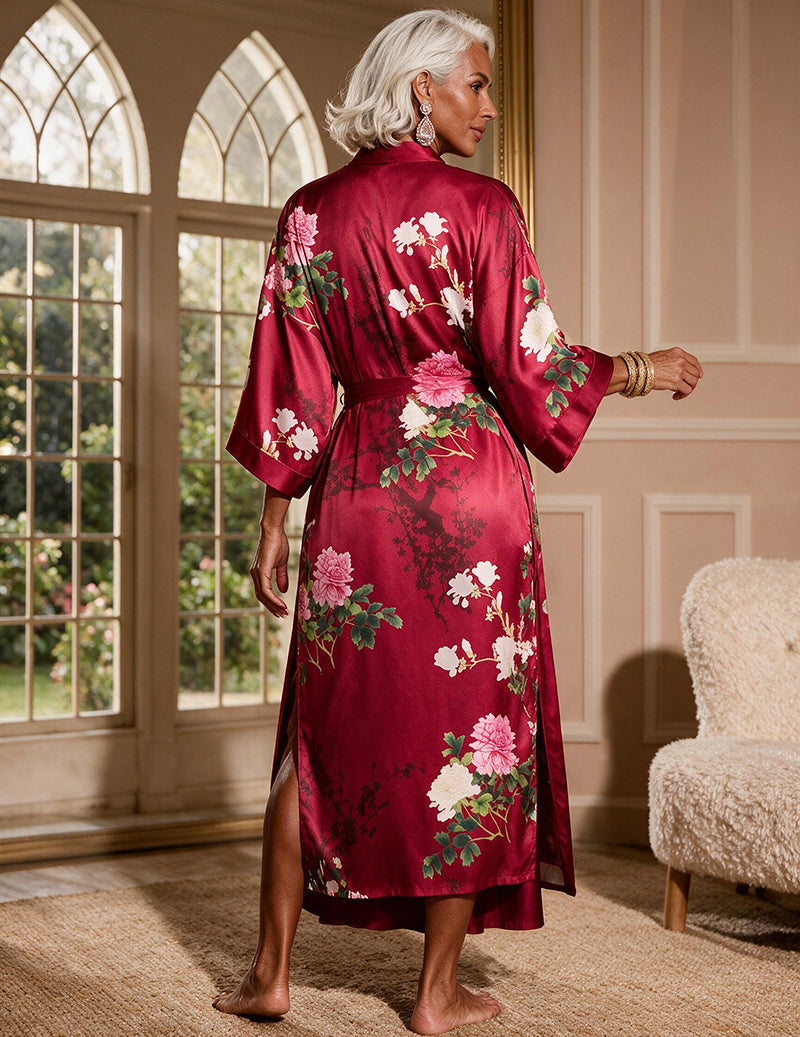 Satin Printed Kimono Robe and Cowl Neck Slip Dress Two-Piece Set