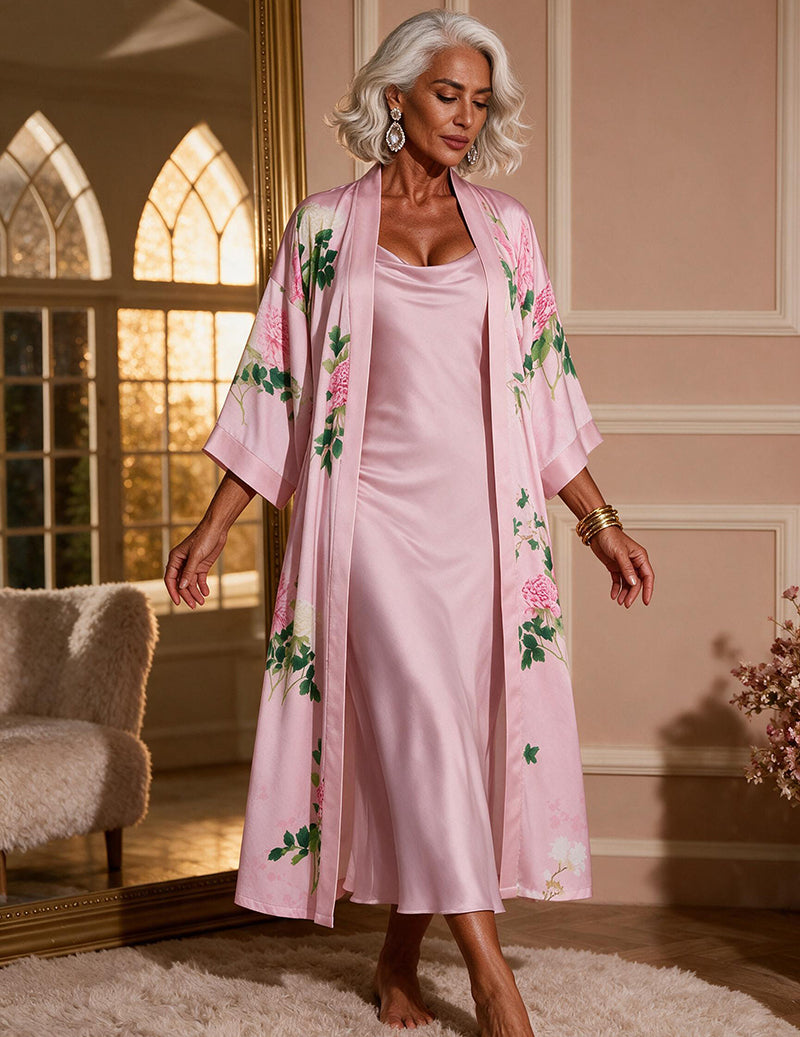 Satin Printed Kimono Robe and Cowl Neck Slip Dress Two-Piece Set