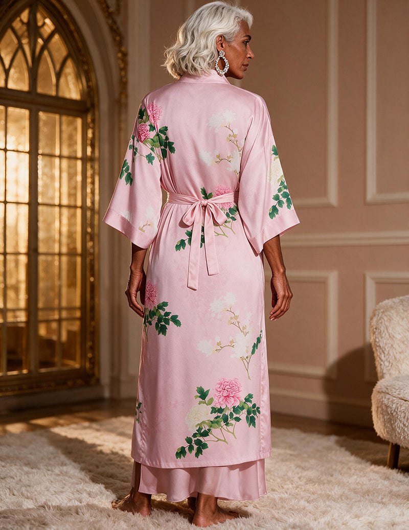 Satin Printed Kimono Robe and Cowl Neck Slip Dress Two-Piece Set