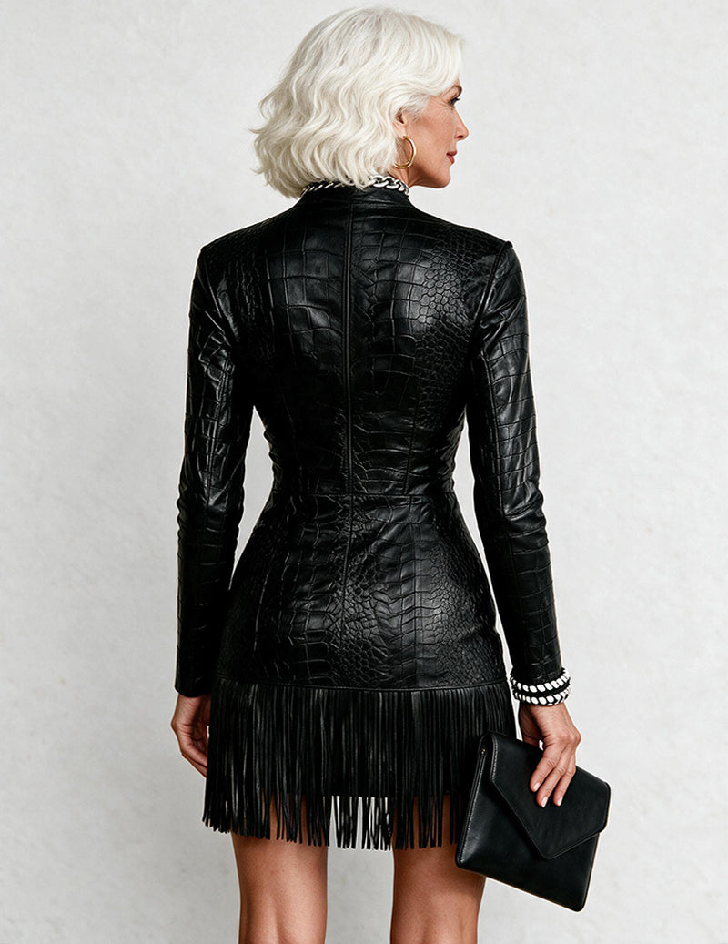 Faux Leather Croc Embossed Fringe Hem Zip Front Dress