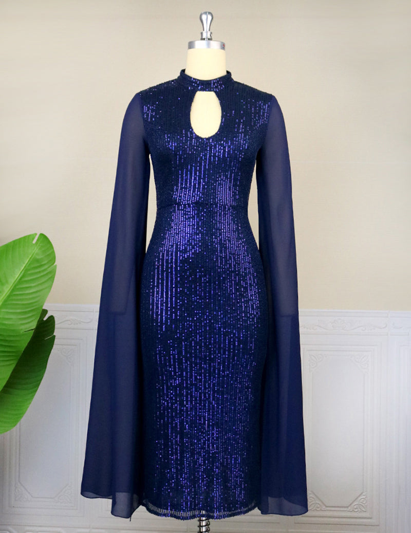 Sequin Keyhole Mock Neck Chiffon Cape Sleeve Midi Dress