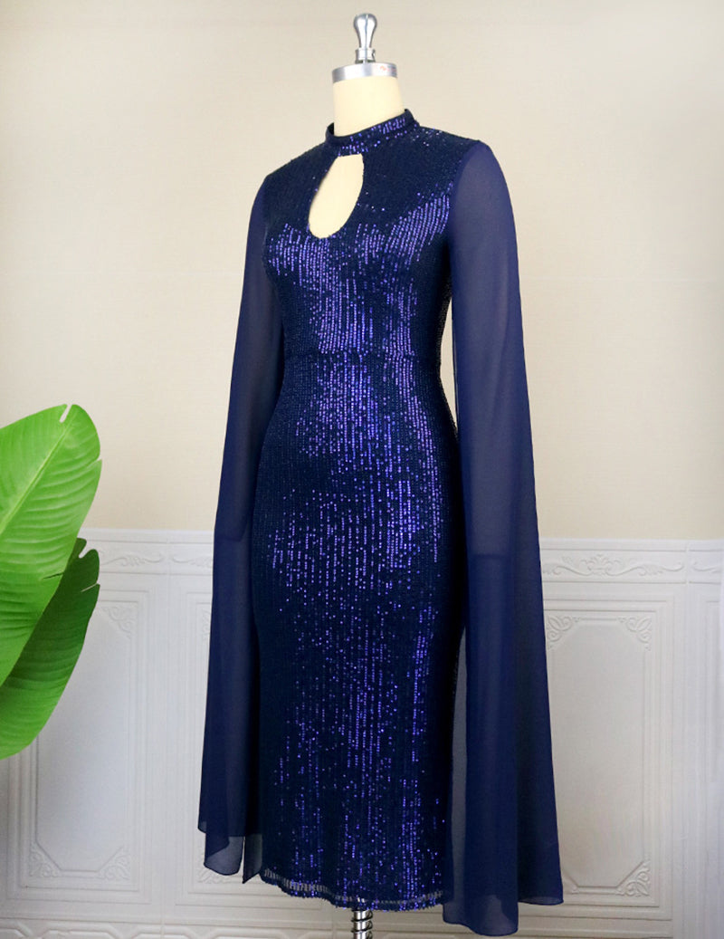 Sequin Keyhole Mock Neck Chiffon Cape Sleeve Midi Dress